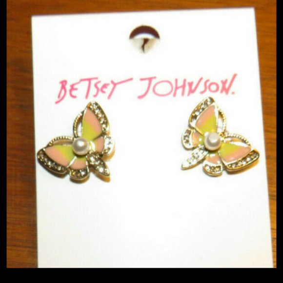 Betsey Johnson Butterfly Faux Pearl And CZ Earrings, NWT - Picture 2 of 9